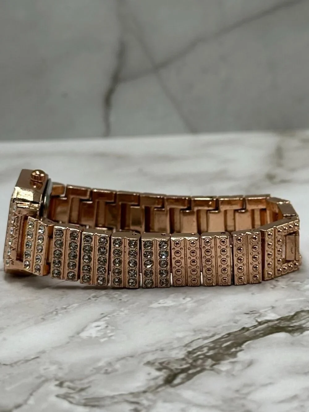Rose Gold Tone Rhinestone Watch Womens Square Dial 20MM New Battery 6.5 Inch